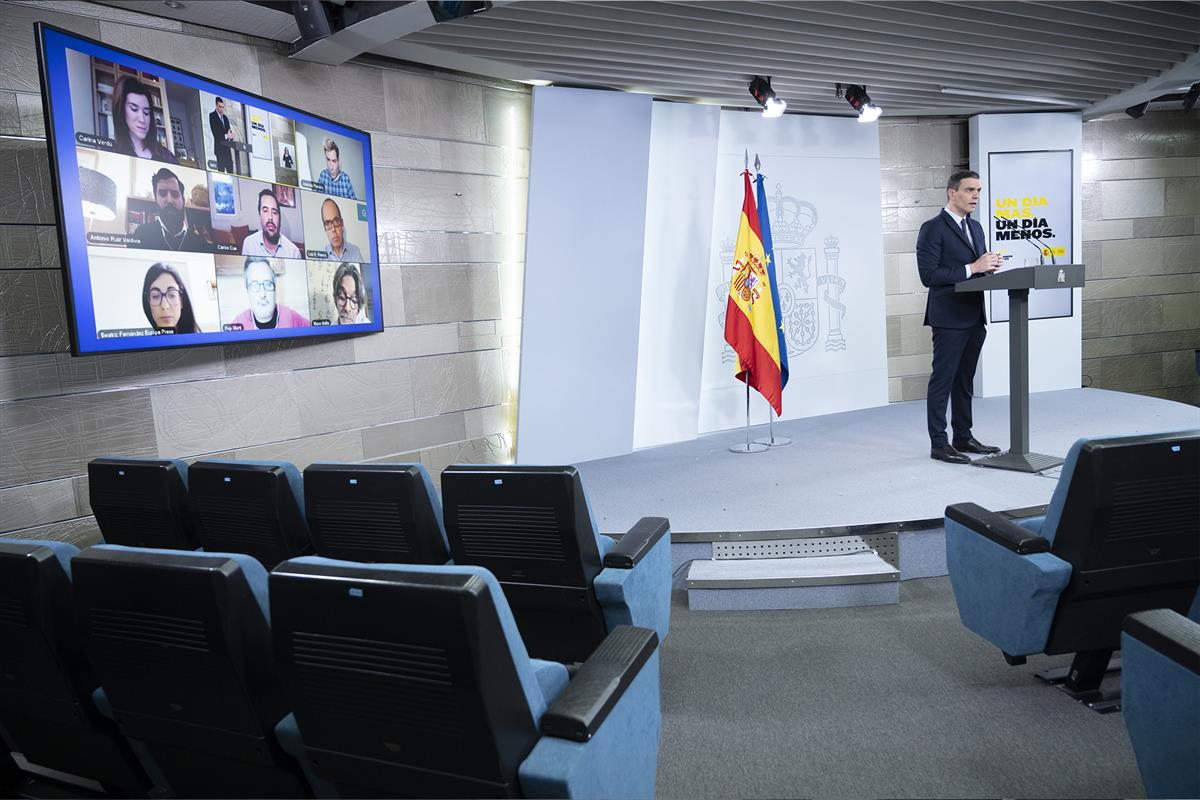 18/04/2020. Comparecencia del presidente del Gobierno. El presidente del Gobierno, Pedro Sánchez, durante su comparecencia ante los medios d...