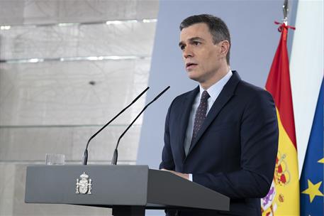 18/04/2020. Comparecencia del presidente del Gobierno. El presidente del Gobierno, Pedro Sánchez, durante su comparecencia ante los medios d...