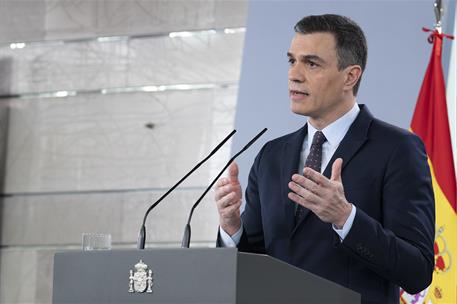 18/04/2020. Comparecencia del presidente del Gobierno. El presidente del Gobierno, Pedro Sánchez, durante su comparecencia ante los medios d...