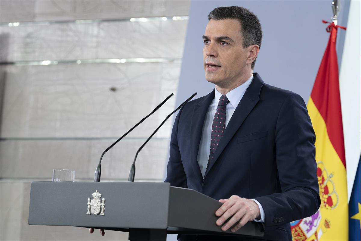 18/04/2020. Comparecencia del presidente del Gobierno. El presidente del Gobierno, Pedro Sánchez, durante su comparecencia ante los medios d...