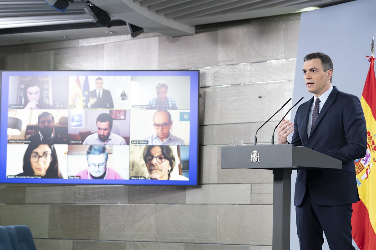 18/04/2020. Comparecencia del presidente del Gobierno. El presidente del Gobierno, Pedro Sánchez, durante su comparecencia ante los medios d...