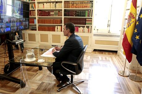 18/06/2020. Sánchez asiste por videoconferencia a una reunión del Partenariado Oriental de la Unión Europea. El presidente del Gobierno, Ped...
