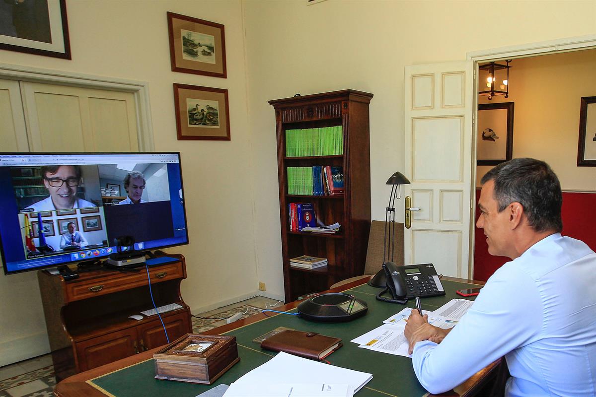 19/08/2020. Reunión del Comité de Seguimiento del Coronavirus. El presidente del Gobierno, Pedro Sánchez, preside, mediante vídeoconferencia...