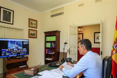 19/08/2020. Consejo Europeo Extraordinario. El presidente del Gobierno, Pedro Sánchez, durante la reunión extraordinaria del Consejo Europeo...