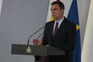 El presidente del Gobierno, Pedro Sánchez, durante su intervención en La Moncloa
