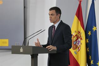 El presidente del Gobierno, Pedro Sánchez, durante su intervención en La Moncloa