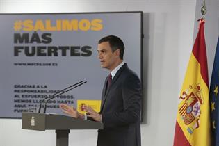 El presidente del Gobierno, Pedro Sánchez, durante su intervención en La Moncloa