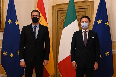 20/10/2020. Pedro Sánchez visita Italia. El presidente del Gobierno, Pedro Sánchez, es recibido por el primer ministro de la República Itali...