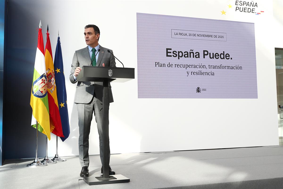 20/11/2020. Sánchez presenta en La Rioja el Plan de Recuperación, Transformación y Resiliencia. El presidente del Gobierno, Pedro Sánchez, d...