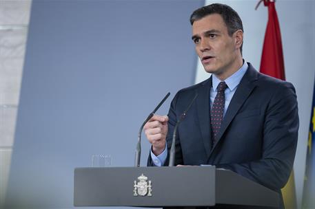 21/03/2020. Comparecencia del presidente del Gobierno. El presidente del Gobierno, Pedro Sánchez, durante su comparecencia en La Moncloa par...