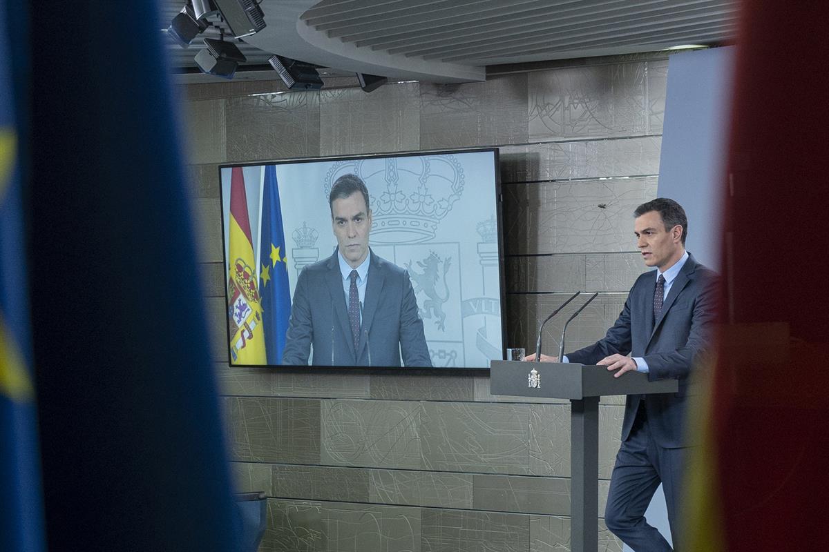 21/03/2020. Comparecencia del presidente del Gobierno. El presidente del Gobierno, Pedro Sánchez, durante su comparecencia en La Moncloa par...