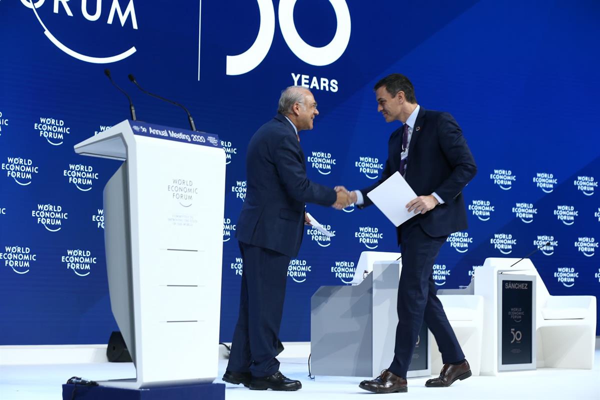 22/01/2020. Pedro Sánchez en la intervención en el Plenario del Foro económico Mundial. El presidente del Gobierno, Pedro Sánchez, durante s...