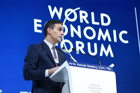 22/01/2020. Pedro Sánchez interviene en el Plenario del Foro económico Mundial. El presidente del Gobierno, Pedro Sánchez, durante su interv...