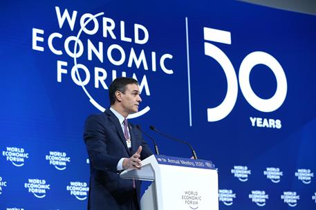 22/01/2020. Sánchez interviene en el Foro Económico Mundial. El presidente del Gobierno, Pedro Sánchez, durante su intervención en el Plenar...