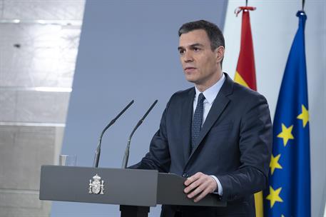 22/03/2020. Rueda de prensa de Pedro Sánchez tras su videoconferencia con los presidentes autonómicos. El presidente del Gobierno, Pedro Sán...