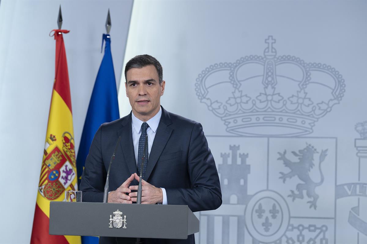 22/03/2020. Rueda de prensa de Pedro Sánchez tras su videoconferencia con los presidentes autonómicos. El presidente del Gobierno, Pedro Sán...