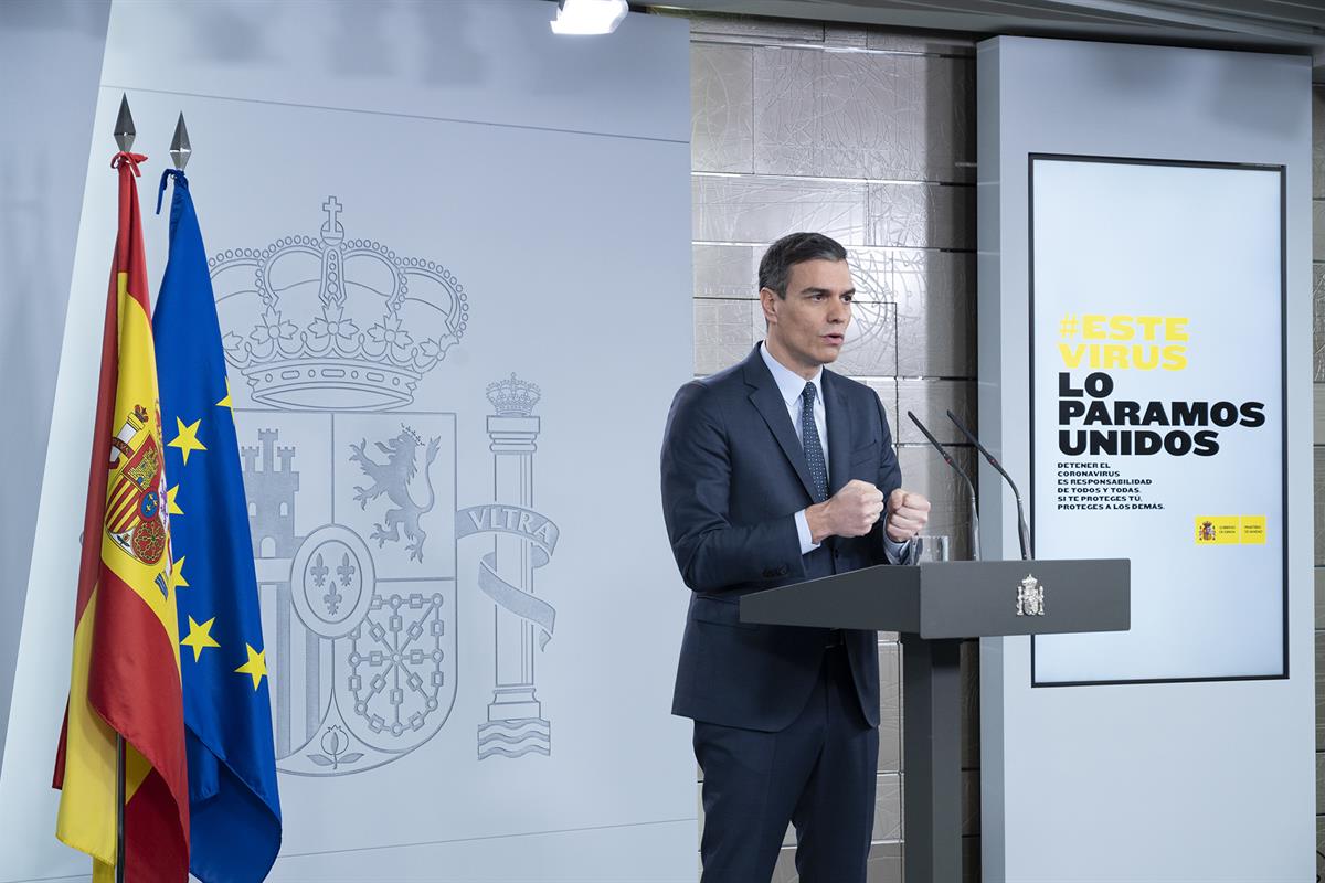 22/03/2020. Rueda de prensa de Pedro Sánchez tras su videoconferencia con los presidentes autonómicos. El presidente del Gobierno, Pedro Sán...