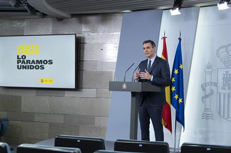 22/03/2020. Rueda de prensa de Pedro Sánchez tras su videoconferencia con los presidentes autonómicos. El presidente del Gobierno, Pedro Sán...