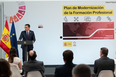 22/07/2020. Sánchez presenta del Plan de Modernización de FP. El presidente del Gobierno, Pedro Sánchez, durante su intervención para presen...