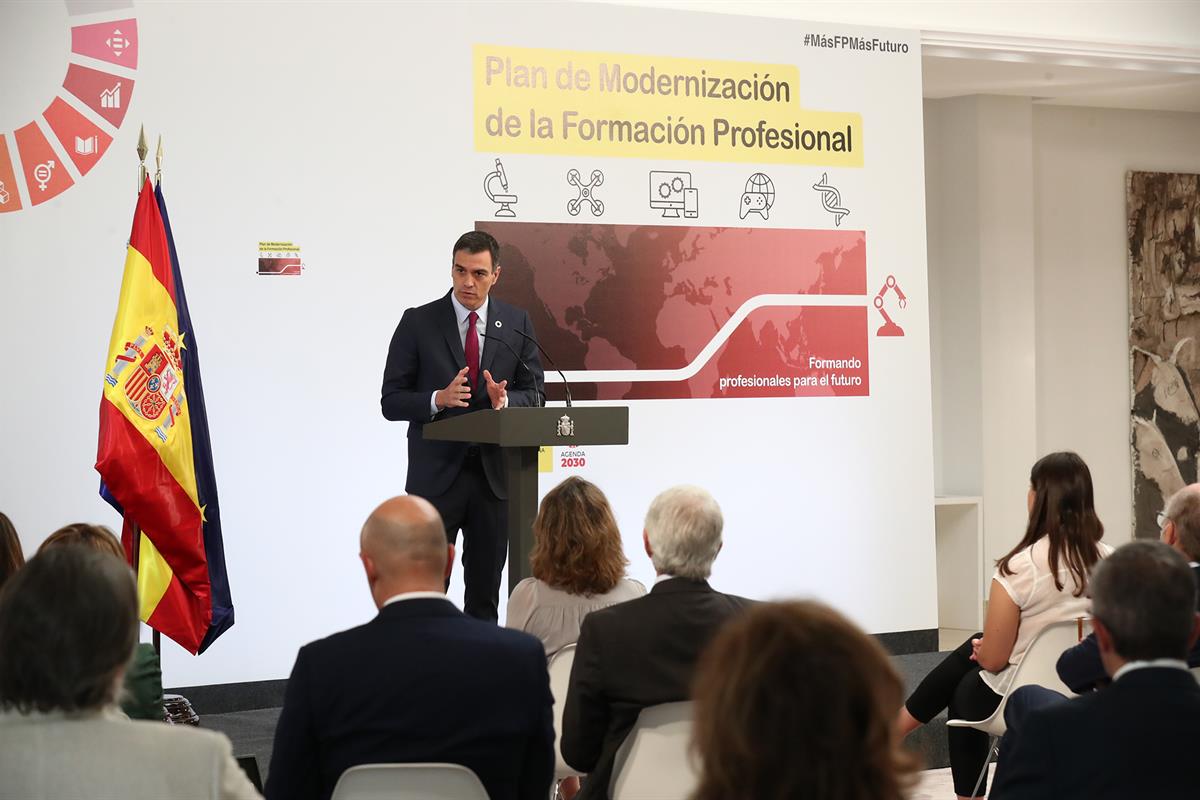 22/07/2020. Sánchez presenta el Plan de Modernización de FP. El presidente del Gobierno, Pedro Sánchez, durante su intervención para present...