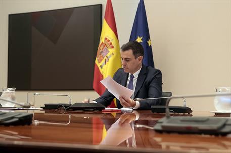 24/05/2020. Conferencia con los presidentes autonómicos. El presidente del Gobierno, Pedro Sánchez, durante decimoprimera conferencia telema...