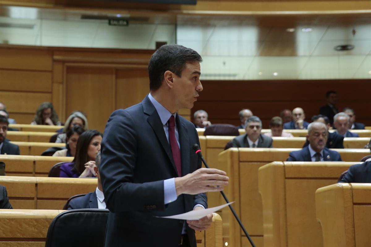 25/02/2020. Pedro Sánchez asiste a la sesión de control del Senado. El presidente del Gobierno, Pedro Sánchez, durante una de sus intervenci...