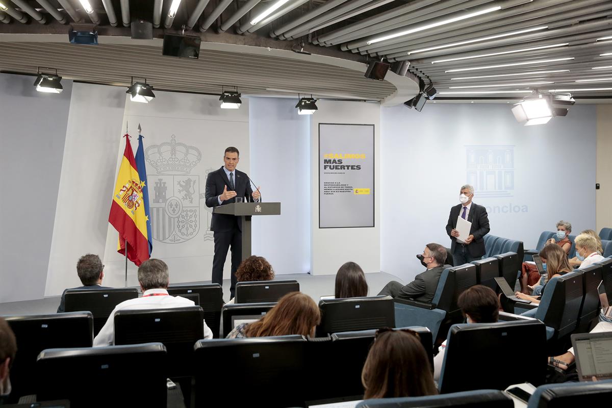 25/08/2020. Comparecencia del presidente del Gobierno, Pedro Sánchez. El presidente del Gobierno, Pedro Sánchez, durante su intervención tra...