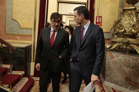 26/02/2020. Sánchez asiste a la sesión plenaria de control al Gobierno. El presidente del Gobierno, Pedro Sánchez, acompañado del ministro d...