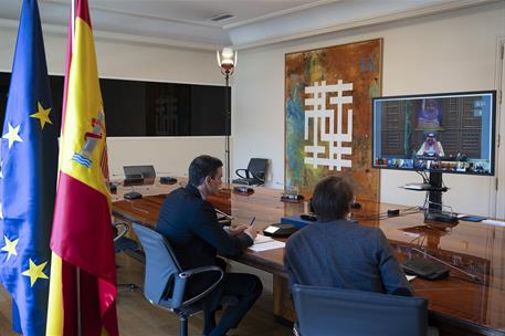 26/03/2020. Pedro Sánchez asiste, por videoconferencia, a la reunión del G-20. El presidente del Gobierno, Pedro Sánchez, durante la reunión...