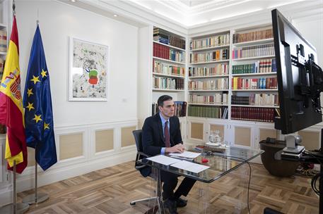 26/03/2020. Pedro Sánchez participa en la reunión del Consejo Europeo. El presidente del Gobierno, Pedro Sánchez, durante su participación e...