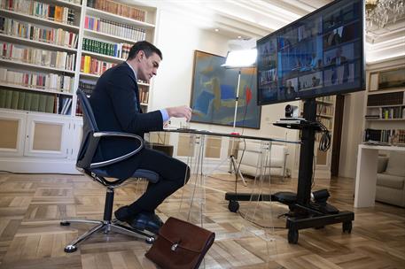 26/03/2020. Pedro Sánchez participa en la reunión del Consejo Europeo. El presidente del Gobierno, Pedro Sánchez, durante su participación e...