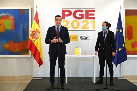 27/10/2020. Sánchez e Iglesias presentan el anteproyecto de ley de los PGE 2021. El presidente del Gobierno, Pedro Sánchez, durante su inter...
