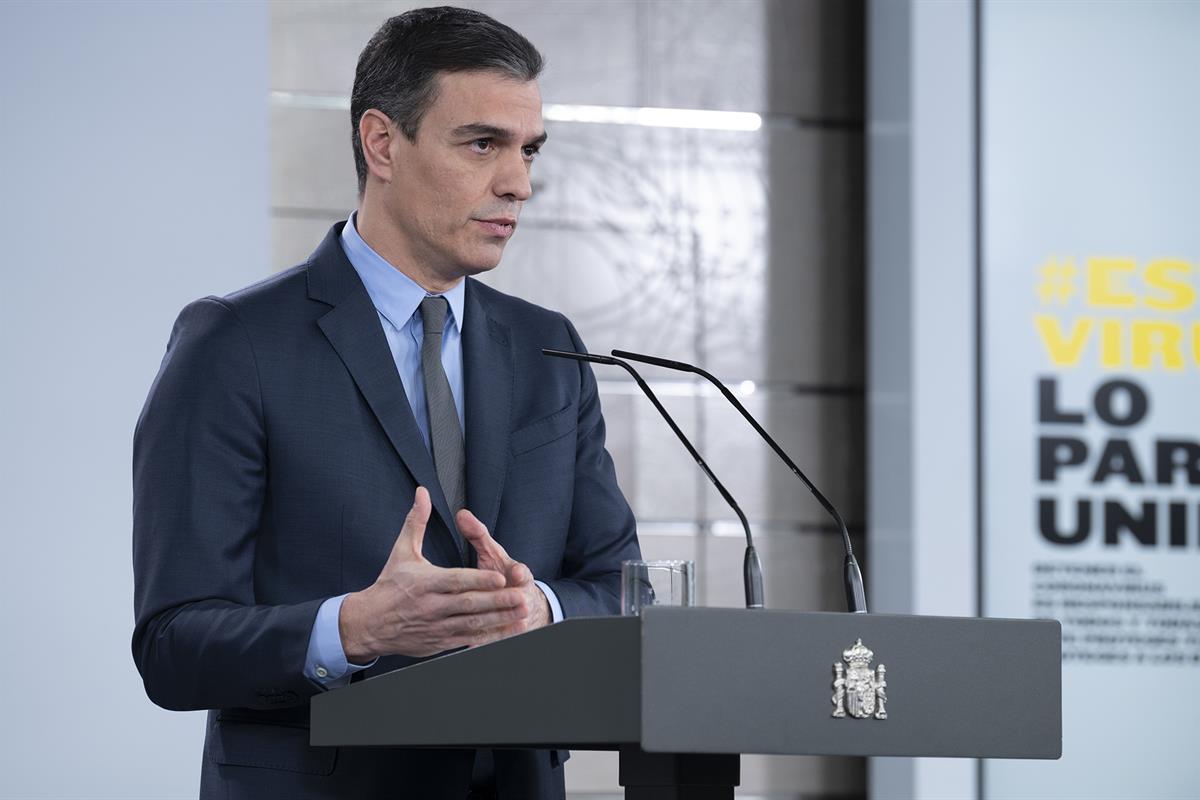 28/03/2020. Comparecencia del presidente del Gobierno. El presidente del Gobierno, Pedro Sánchez, anuncia que los trabajadores de actividade...