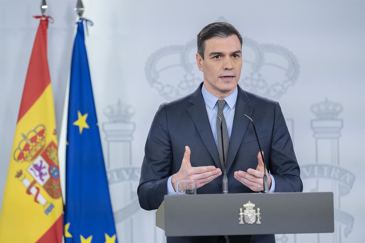 28/03/2020. Comparecencia del presidente del Gobierno. El presidente del Gobierno, Pedro Sánchez, anuncia que los trabajadores de actividade...