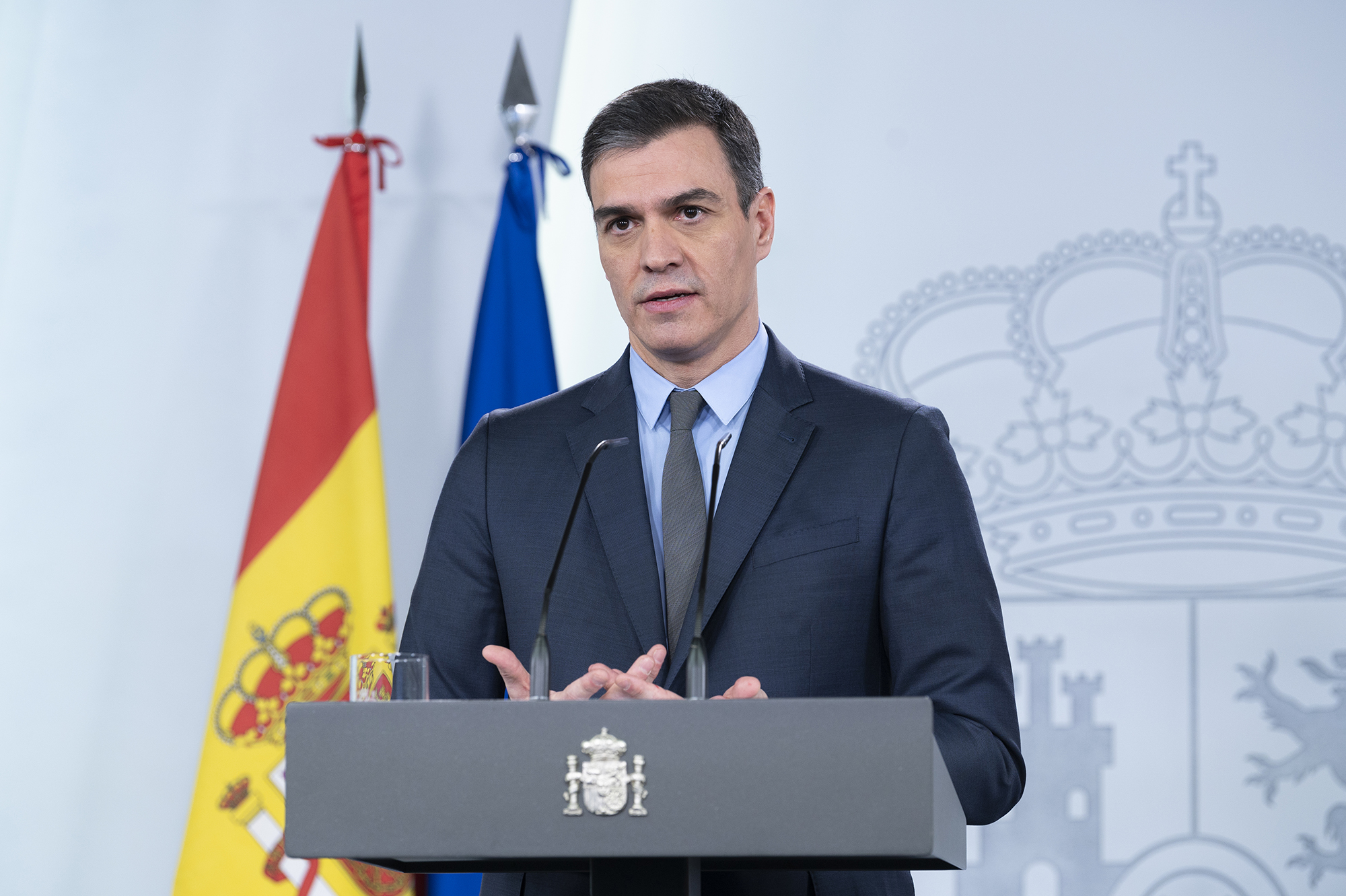 28/03/2020. Comparecencia del presidente del Gobierno. El presidente del Gobierno, Pedro Sánchez, anuncia que los trabajadores de actividade...
