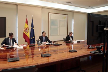 28/03/2020. Reunión del Comité Científico de la COVID-19 mediante vídeoconferencia. El presidente del Gobierno, Pedro Sánchez, preside la re...