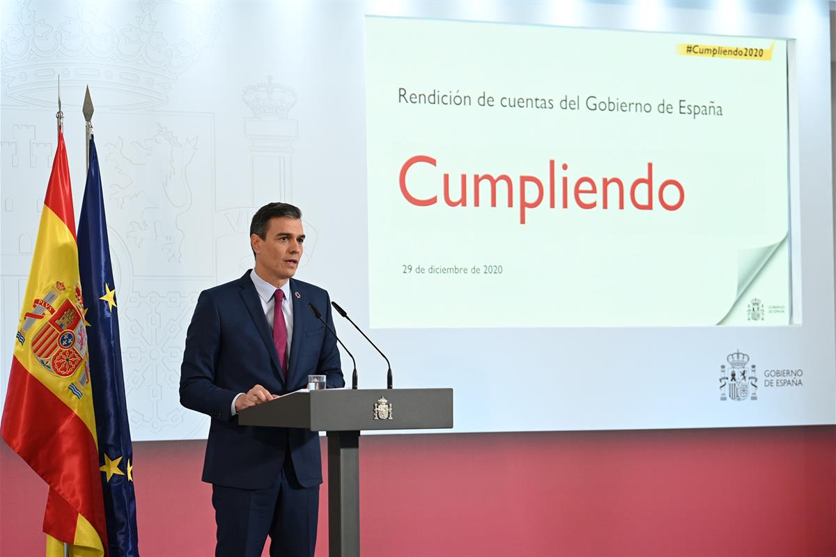 29/12/2020. Pedro Sánchez presenta el primer informe de rendición de cuentas del Gobierno de España. El Presidente del Gobierno, Pedro Sánch...