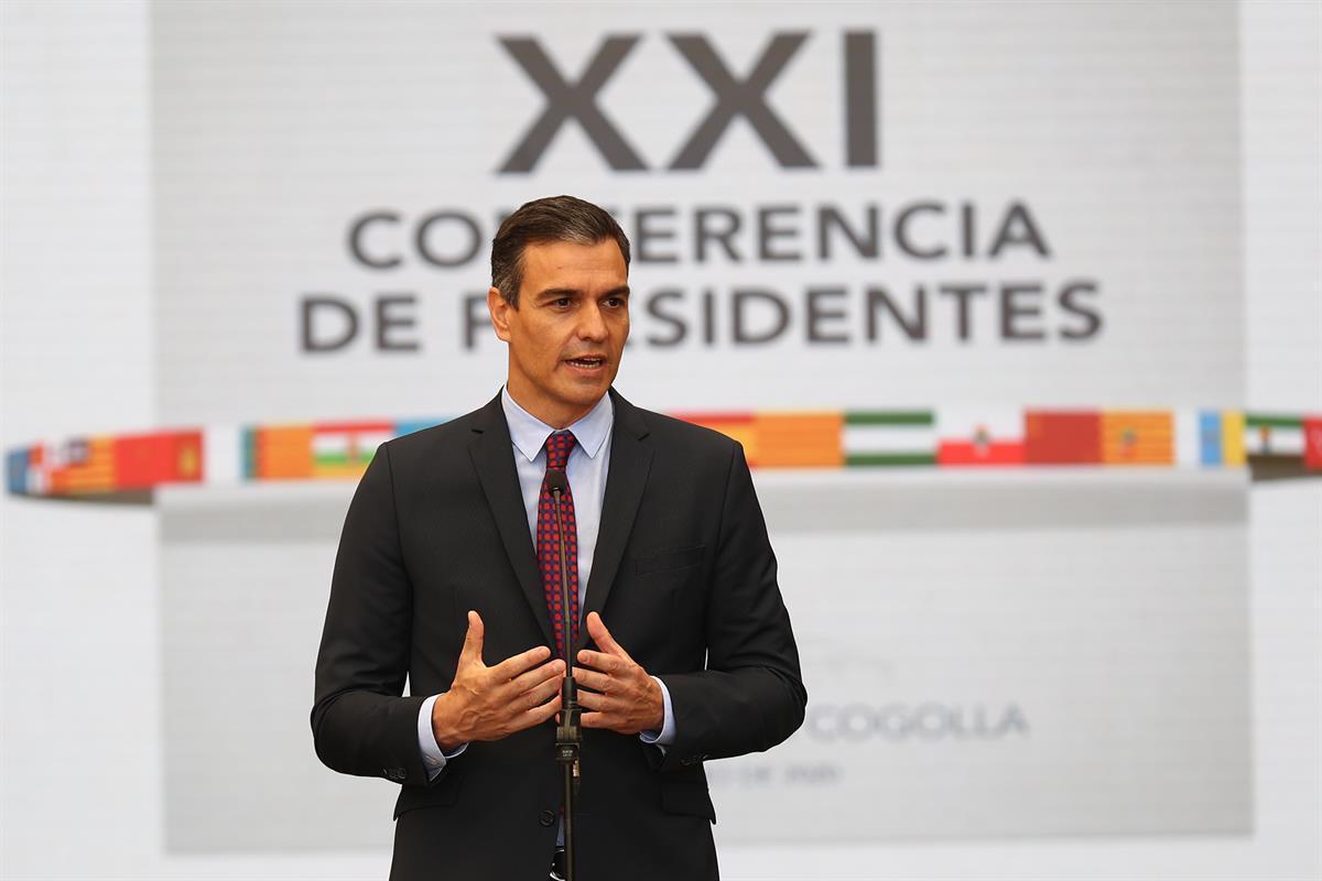 31/07/2020. Pedro Sánchez preside la XXI Conferencia de Presidentes. El presidente del Gobierno, Pedro Sánchez, durante su intervención inic...