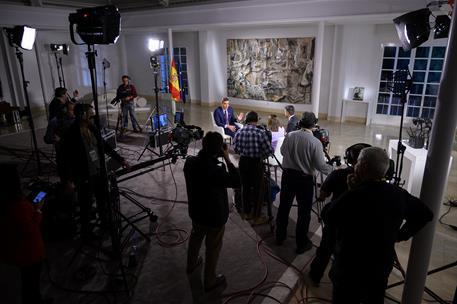 20/01/2020. Pedro Sánchez, entrevistado en La 1 de TVE. El presidente del Gobierno, Pedro Sánchez, durante la entrevista con Ana Blanco y Ca...