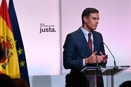 1/09/2021. Pedro Sánchez pronuncia una conferencia en la Casa de América. El presidente del Gobierno, Pedro Sánchez, durante la conferencia ...