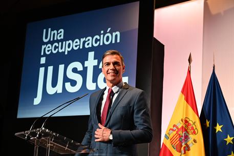 1/09/2021. Pedro Sánchez pronuncia una conferencia en la Casa de América. El presidente del Gobierno, Pedro Sánchez, durante la conferencia ...