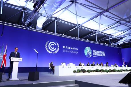1/11/2021. Conferencia de Naciones Unidas sobre Cambio Climático (COP26). Pedro Sánchez durante su intervención en la Conferencia de Nacione...