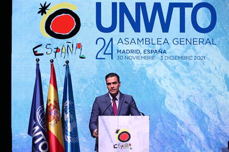 2/12/2021. Sánchez interviene en la Asamblea General de la Organización Mundial del Turismo. El presidente del Gobierno, Pedro Sánchez, dura...