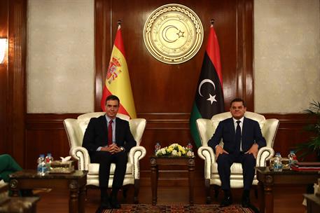 3/06/2021. Viaje de Estado de Pedro Sánchez a Libia. El presidente del Gobierno, Pedro Sánchez, durante la reunión que ha mantenido con el p...