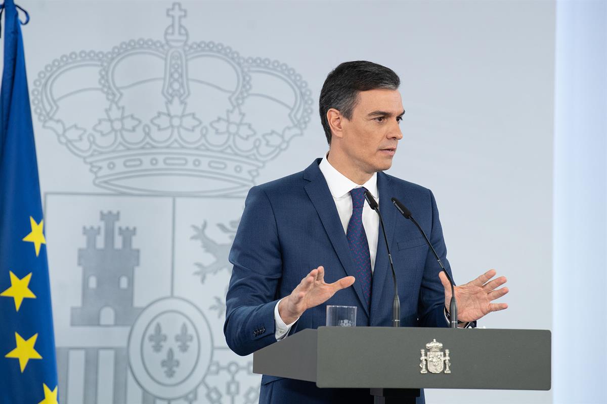 6/04/2021. Rueda de prensa del presidente del Gobierno, Pedro Sánchez. El presidente del Gobierno, Pedro Sánchez, durante su intervención, e...