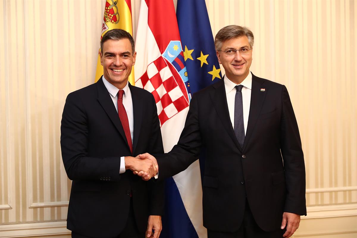 6/10/2021. Visita oficial de Pedro Sánchez a Croacia. El presidente del Gobierno, Pedro Sánchez, es recibido por el primer ministro de la Re...