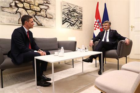 6/10/2021. Visita oficial de Pedro Sánchez a Croacia. El presidente del Gobierno, Pedro Sánchez, se reúne con el primer ministro de la Repúb...