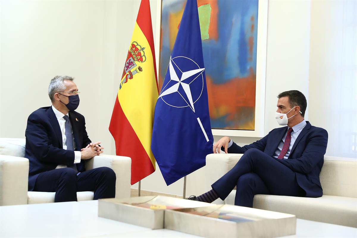 8/10/2021. Pedro Sánchez se reúne con el secretario general de la OTAN, Jens Stoltenberg. El presidente del Gobierno, Pedro Sánchez, durante...