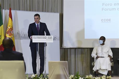 9/04/2021. Gira africana de Pedro Sánchez: Senegal (segunda jornada). El presidente del Gobierno, Pedro Sánchez, durante su intervención en ...