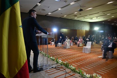 9/04/2021. Gira africana de Pedro Sánchez: Senegal (segunda jornada). El presidente del Gobierno, Pedro Sánchez, durante su intervención en ...